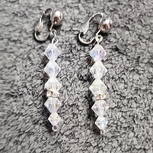 Elegant Silvertone and Crystal Clip On Drop Earrings
